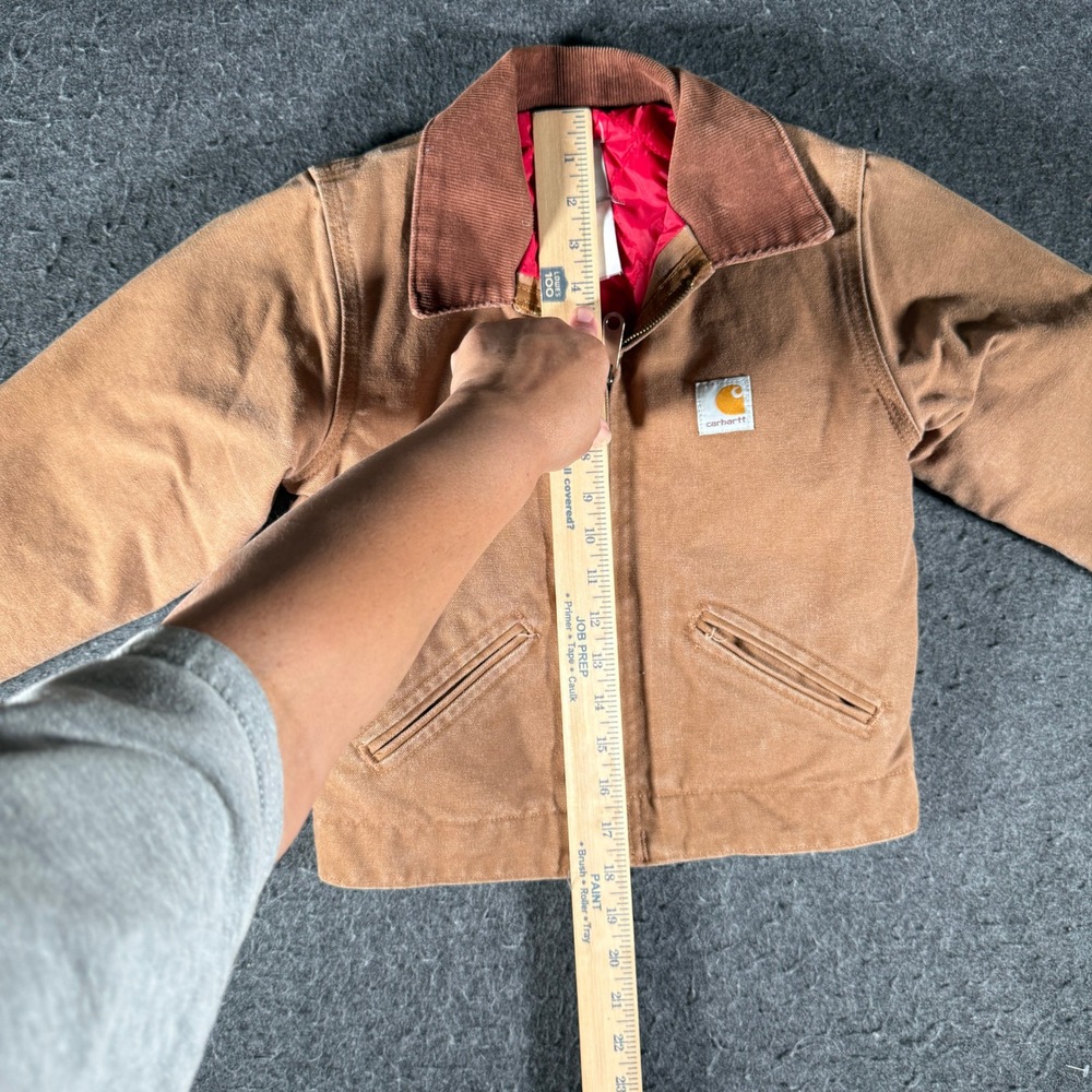 Vintage Carhartt Y04 Detroit Jacket Youth 8 Brown Duck Red Quilt Lined Distress - Picture 8 of 10